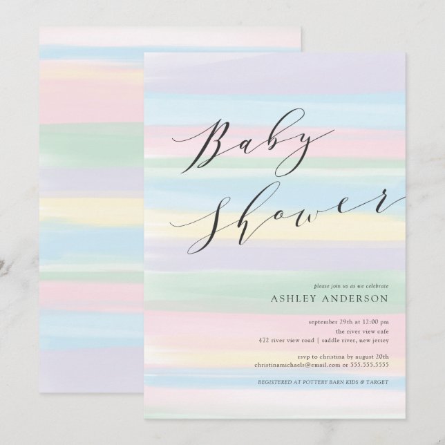 Invitación Rayas del arcoiris Pastel Baby Shower (Anverso / Reverso)
