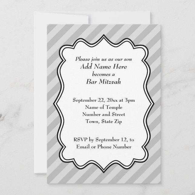 Invitación Rayas diagonales en la barra negra Mitzvah (Anverso)