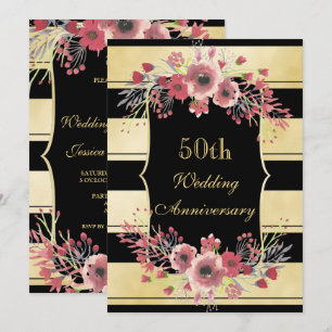 Invitación Rayas Doradas Elegantes Floral Acuarela Bodas 50º
