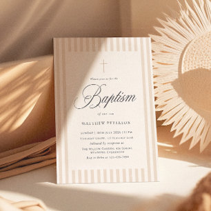 Invitación Rayas Elegantes Bautizo Caligrafía Beige
