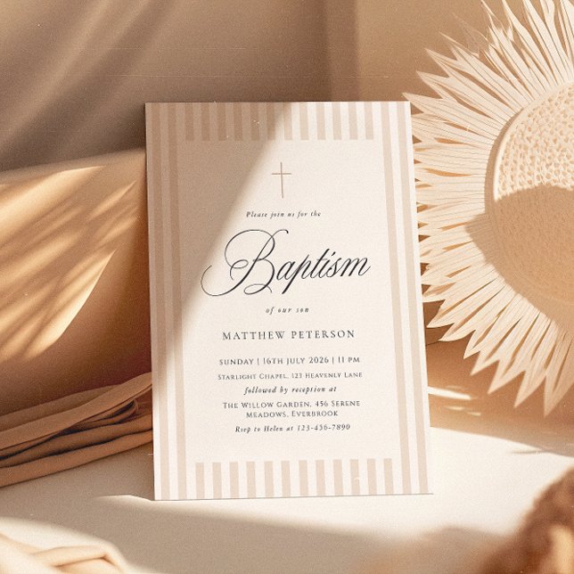 Invitación Rayas Elegantes Bautizo Caligrafía Beige (Subido por el creador)
