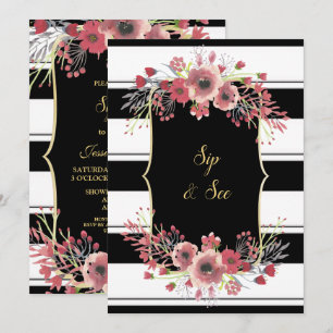 Invitación Rayas Elegantes Florales Acuarela Sip & See