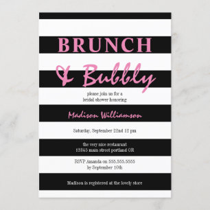 Invitación Rayas en negro y blanco con desayuno rosa y burbuj