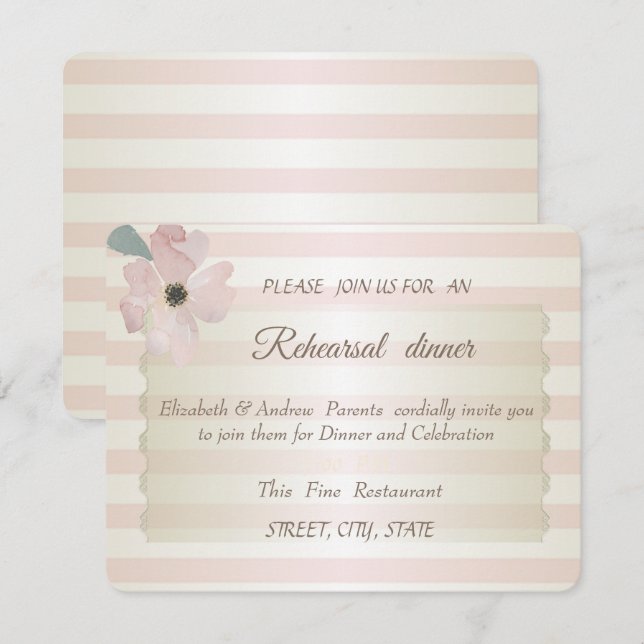 Invitación Rayas Flor Chic, Cena de Ensayo de Boda (Anverso / Reverso)