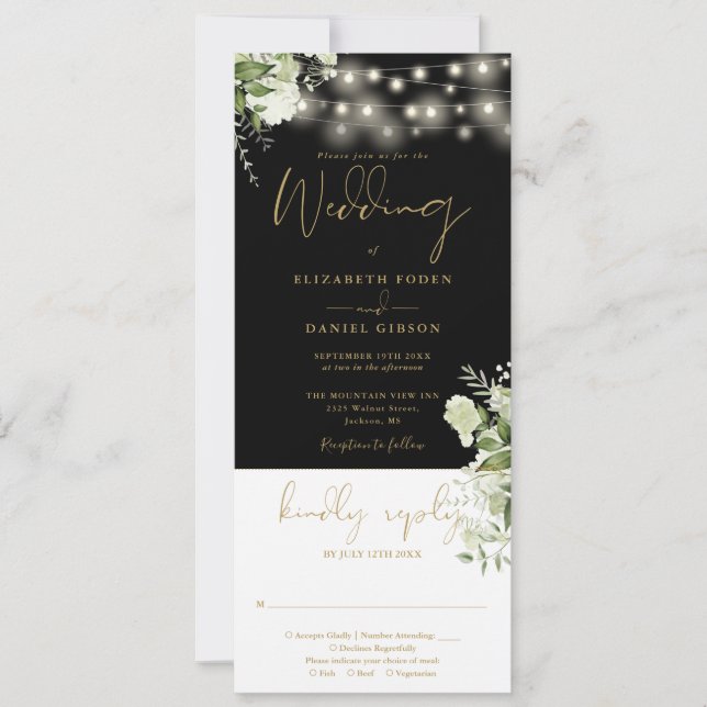 Invitación Rayas Floral Black Gold Todo En Un Boda (Anverso)