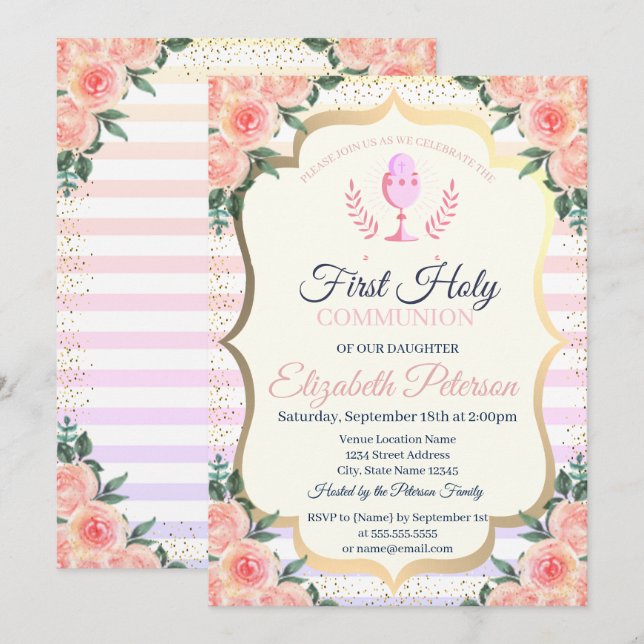 Invitación Rayas Florales Confeti Primera Comunión (Anverso / Reverso)
