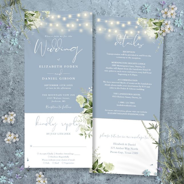 Invitación Rayas Florales Dusty Azul Todo En Un Boda (String Lights Floral Dusty Blue All In One Wedding Invitation)