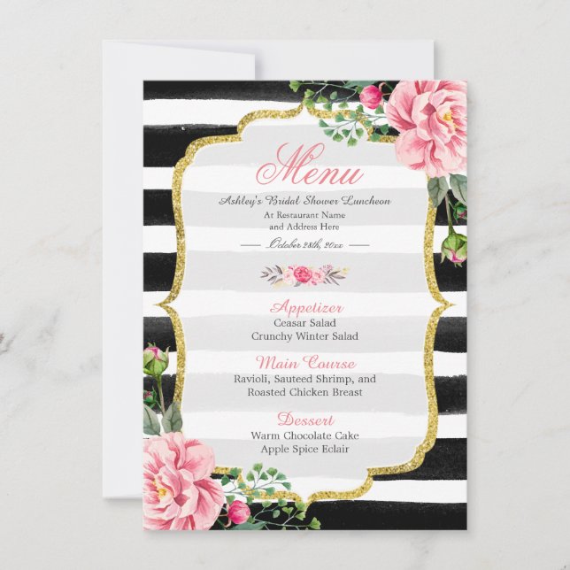 Invitación Rayas florales rosadas | Bridal Shower Luncheon Me (Anverso)