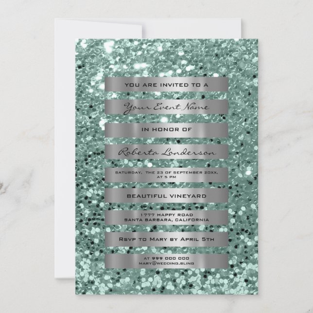 Invitación Rayas grises plateadas purpurina Pastel verde (Anverso)