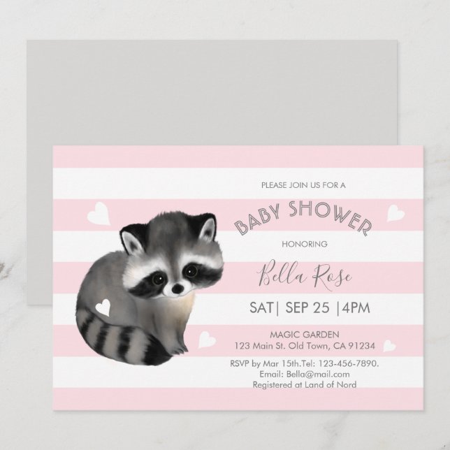 Invitación Rayas grises rosadas Raccoon Heart Invite a Baby S (Anverso / Reverso)