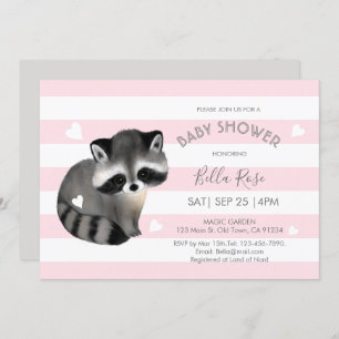 Invitación Rayas grises rosadas Raccoon Heart Invite a Baby S