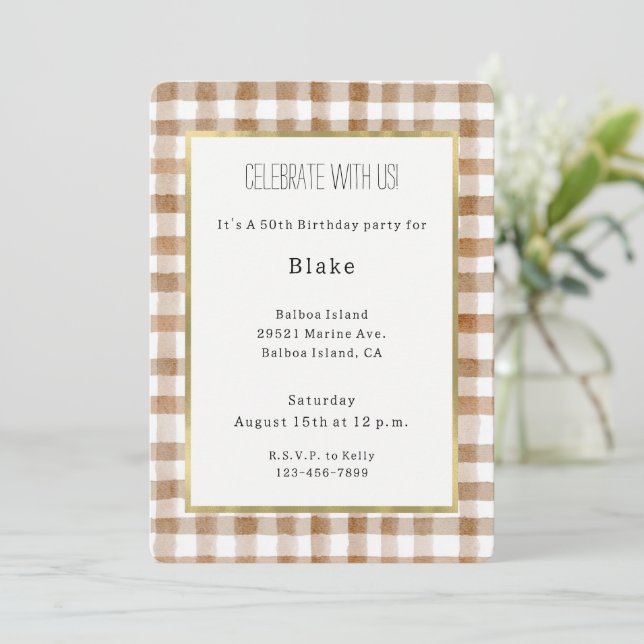 Invitación Rayas Marrones Crema Cuadros Marrones Cumpleaños (Anverso de pie)