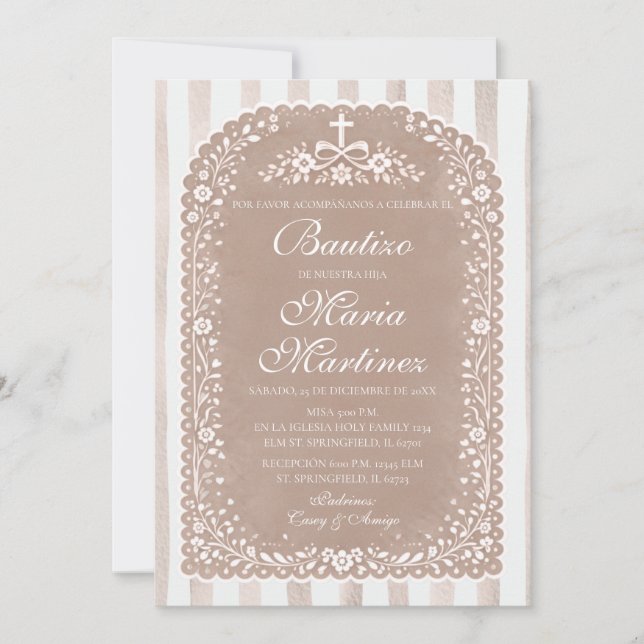 Invitación Rayas Marrones Floral Bautizo Español Talavera (Anverso)