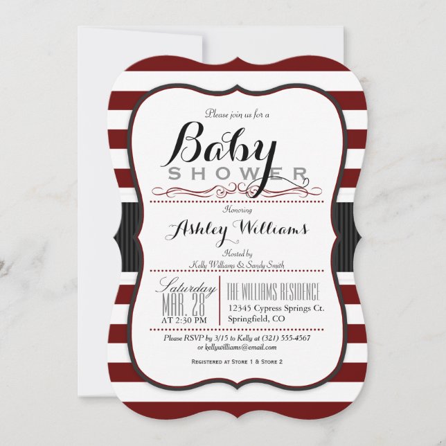 Invitación Rayas marrones y blancas; Baby Shower elegante (Anverso)