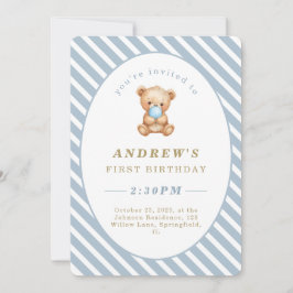 Invitación Rayas mínimas Teddy Bear Primer Cumpleaños