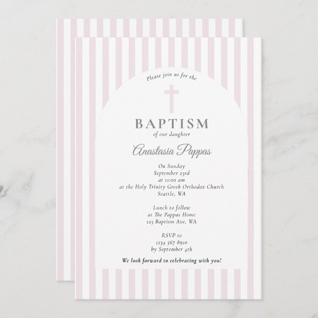 Invitación Rayas modernas bautizando bautismo Chica rosa Rubo (Anverso / Reverso)