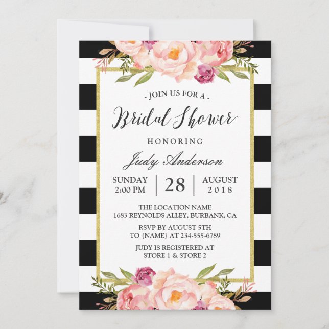 Invitación Rayas modernas Decoración floral Boda ducha de nov (Anverso)