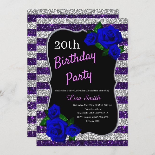 Invitación Rayas moradas plateadas Purpurina Rosas azul profu (Anverso / Reverso)