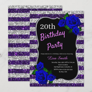 Invitación Rayas moradas plateadas Purpurina Rosas azul profu