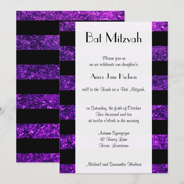 Invitación Rayas moradas, rayas Purpurinas, Mitzvah bat (Anverso / Reverso)