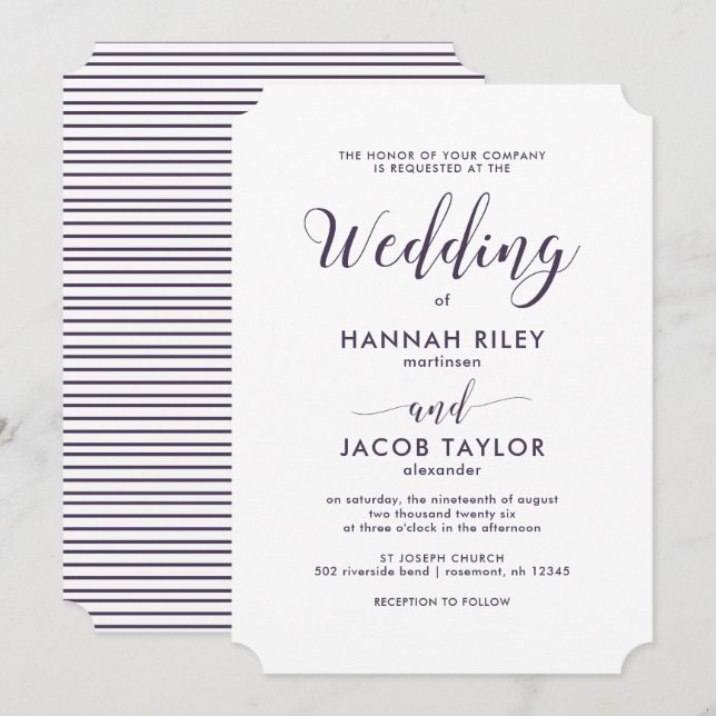 Invitación Rayas moradas y blancas con Boda caligráfico (Anverso / Reverso)