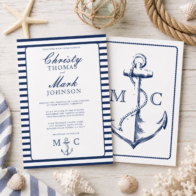 Invitación Rayas Náuticas Bodas Ancla Marina (This wedding nautical themed invitation is inspired by classic anchors and stripes.
)