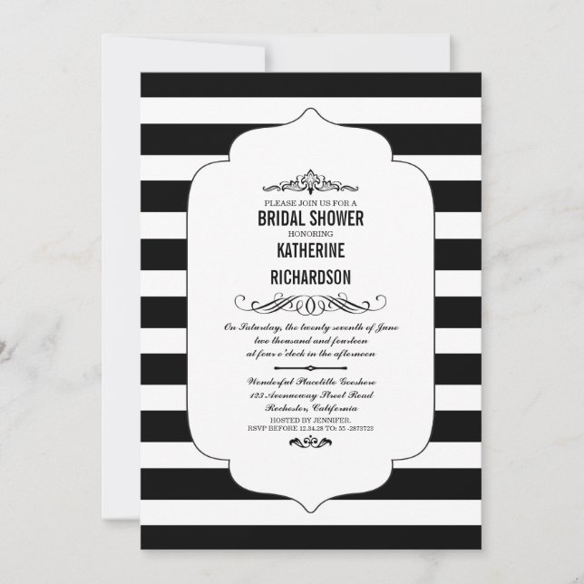 Invitación Rayas negras Ascot Moda Bridal Shower (Anverso)