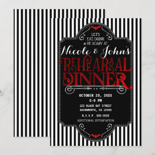 Invitación Rayas Negras Blancas Cena de Ensayo Gótica Roja