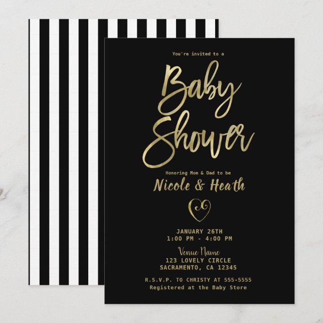 Invitación Rayas Negras Blancas Doradas Chic Fiesta de Bebé (Anverso / Reverso)
