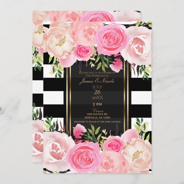 Invitación Rayas Negras Blancas Dorado Rosa Floral Boda (Anverso / Reverso)