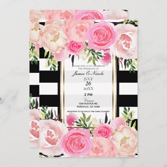 Invitación Rayas Negras Blancas Dorado Rosa Floral Boda (Anverso / Reverso)