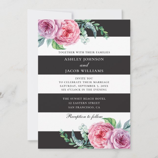 Invitación Rayas negras blancas florales. Flores rosadas boda (Anverso)