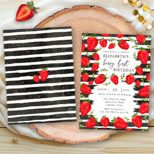 Invitación Rayas Negras Blancas Modernas Cumpleaños Fresa 1er