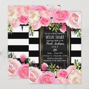 Invitación Rayas Negras Blancas Oro Rosa Floral Despedida de 