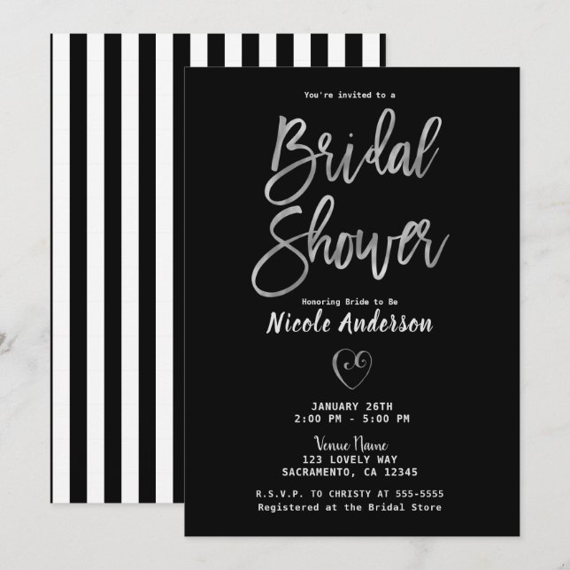 Invitación Rayas Negras Blancas Plateado Chic Desayuno de Bod (Anverso / Reverso)