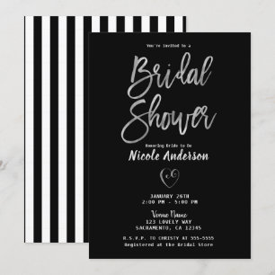 Invitación Rayas Negras Blancas Plateado Chic Desayuno de Bod