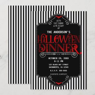Invitación Rayas Negras Blancas Rojo Gótico Cena de Halloween