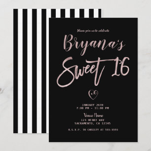 Invitación Rayas Negras Blancas Rosa Dorado Rosa Chic Dulces 