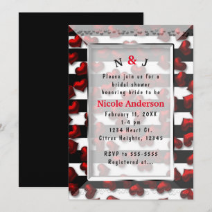 Invitación Rayas Negras Blancas y Corazones Rojos Despedida d