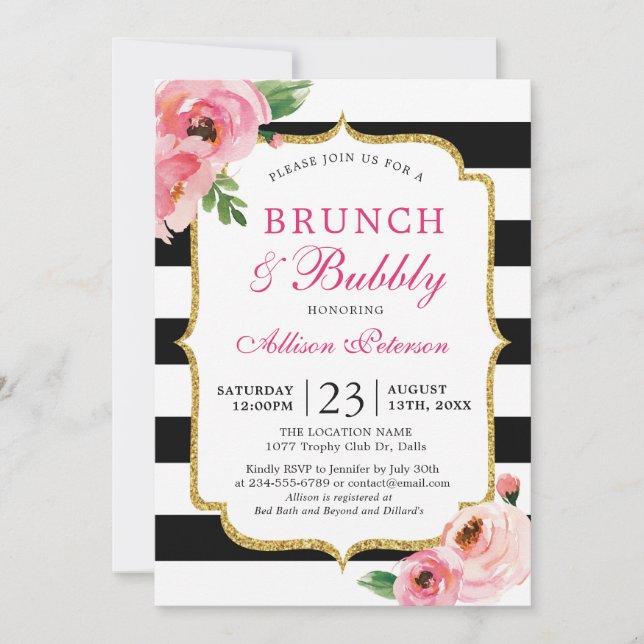 Invitación Rayas negras Brunch floral rosado y burbujeante (Anverso)