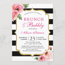 Invitación Rayas negras Brunch floral rosado y burbujeante
