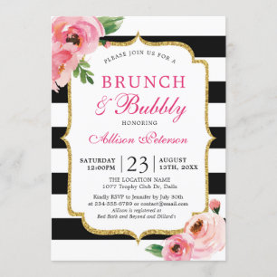 Invitación Rayas negras Brunch floral rosado y burbujeante