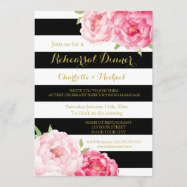 Invitación Rayas negras Ensayos florales rosados Fiesta de ce