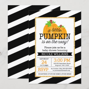 Invitación Rayas negras Oro Pequeña Calabaza Cae Baby Shower