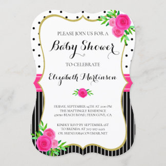 Invitación Rayas negras vintage puntos Baby Shower color rosa
