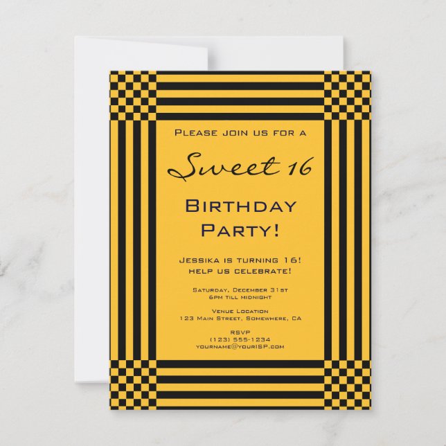 Invitación Rayas Negras y Amarillas Fiesta de Cumpleaños Swee (Anverso)