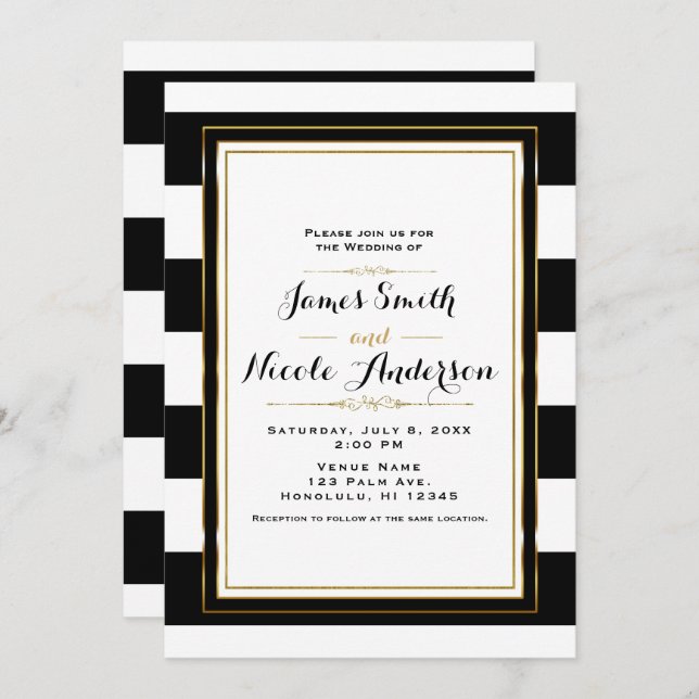 Invitación Rayas Negras y Blancas Boda Chic Elegante en Oro (Anverso / Reverso)