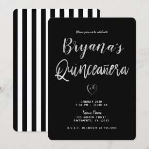 Invitación Rayas Negras y Blancas Corazón de Plata 15 Quincea