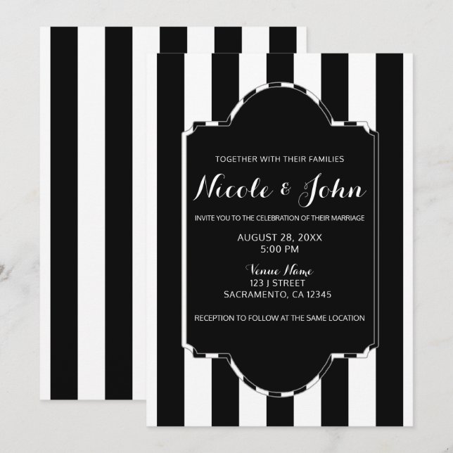 Invitación Rayas Negras y Blancas Elegante Boda Moderna Chic (Anverso / Reverso)