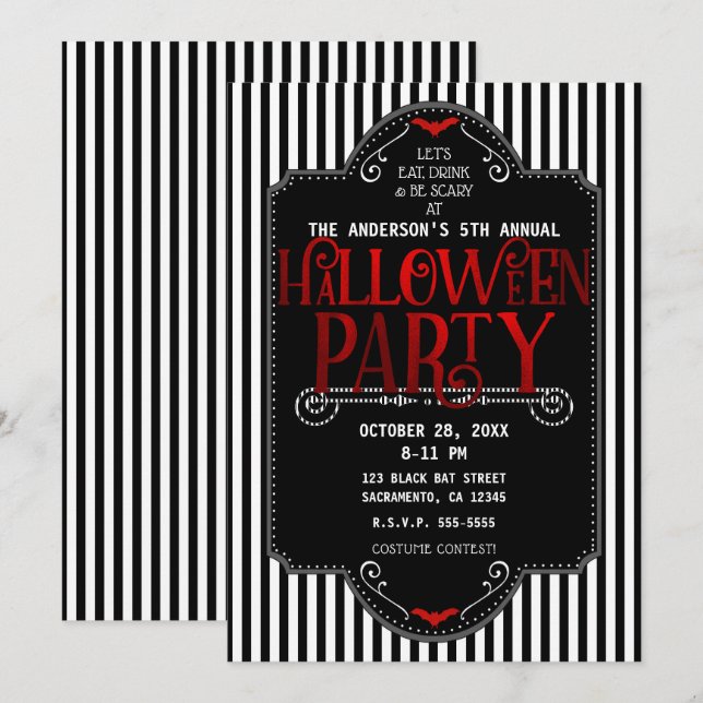 Invitación Rayas Negras y Blancas Fiesta de Halloween Gótica  (Anverso / Reverso)